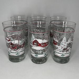Vintage Winter Christmas Village Scene Tall Glasses